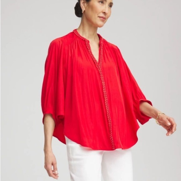 CHICOS Cherry Red Batwing Swing Blouse Grommet Accents Sz 3 XL - Picture 12 of 12